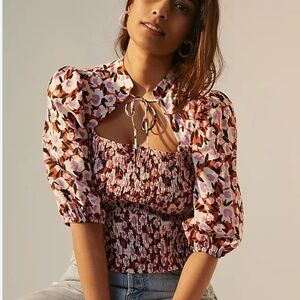 Anthropologie Pink Floral Smocked Puff-Sleeve Blouse